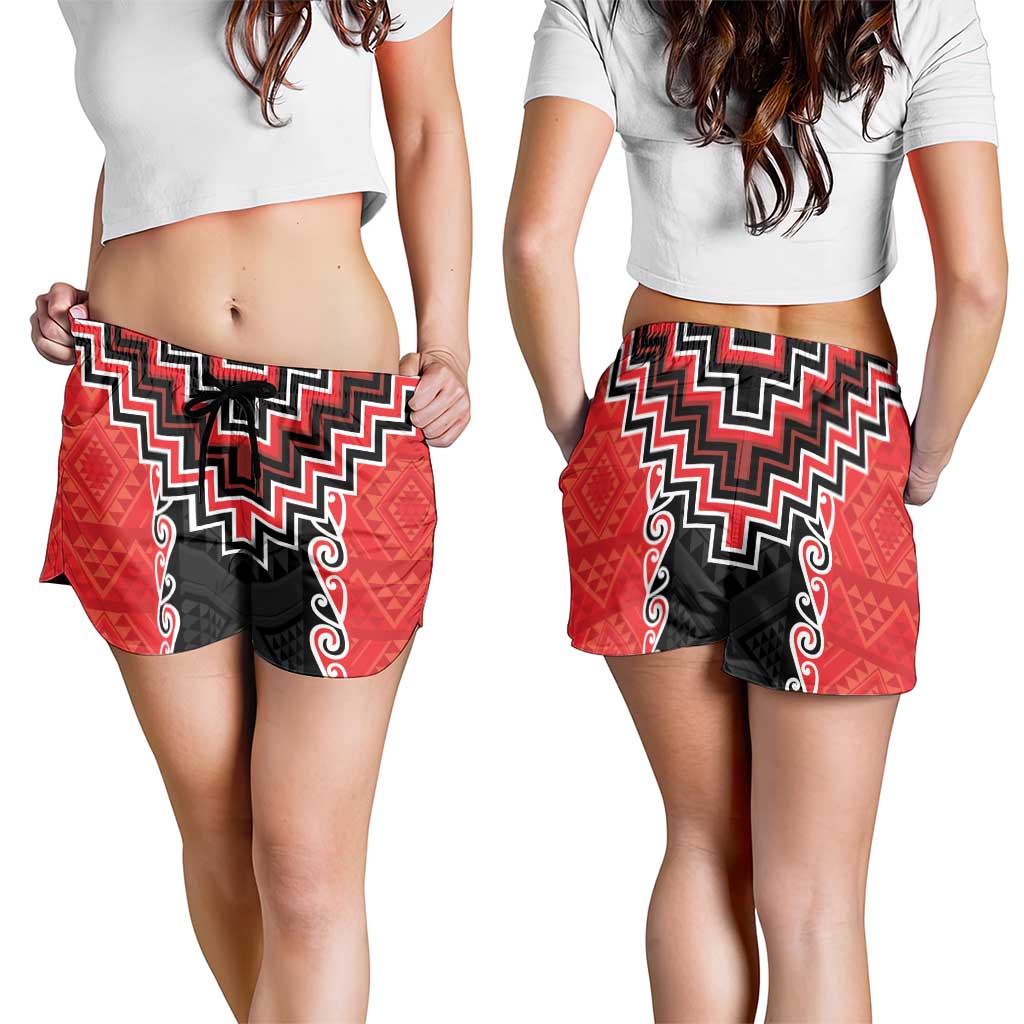 Red Niho Taniwha Mix Poutama Shorts for Women Unique Taniko Aotearoa - Polynesian Pride