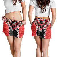Red Niho Taniwha Mix Poutama Shorts for Women Unique Taniko Aotearoa - Polynesian Pride