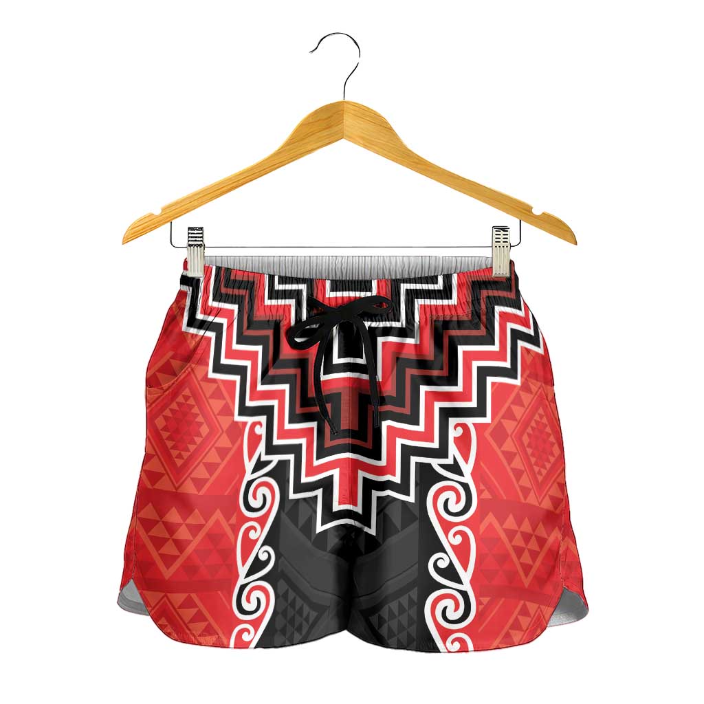 Red Niho Taniwha Mix Poutama Shorts for Women Unique Taniko Aotearoa - Polynesian Pride