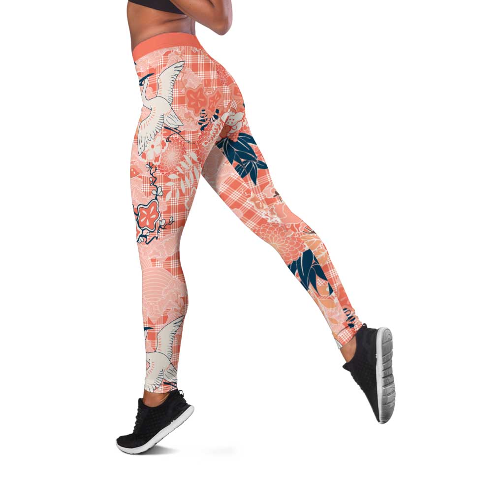 Red Palaka Crane and Flowers Leggings Japan Heritage Spirit - Polynesian Pride