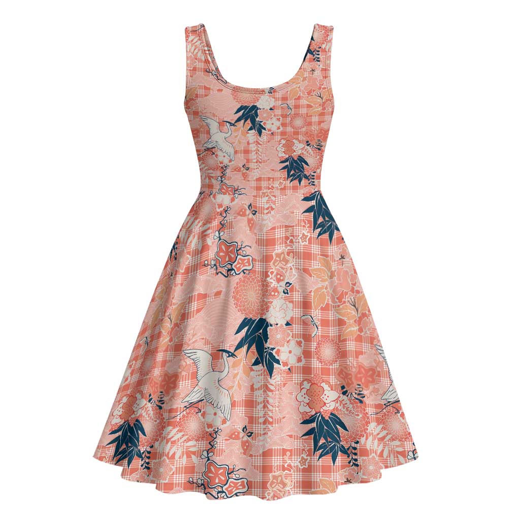 Red Palaka Crane and Flowers Midi Dress Japan Heritage Spirit - Polynesian Pride