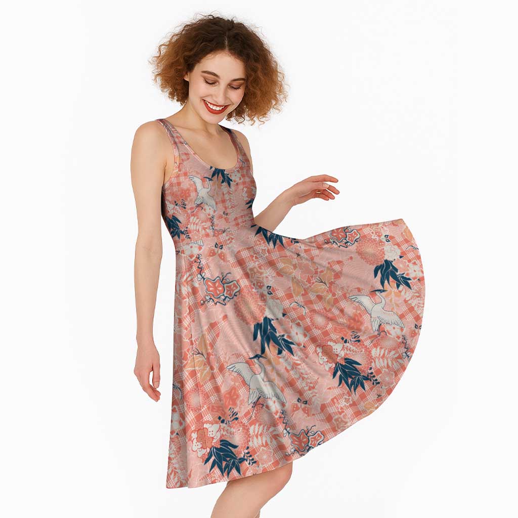 Red Palaka Crane and Flowers Midi Dress Japan Heritage Spirit - Polynesian Pride