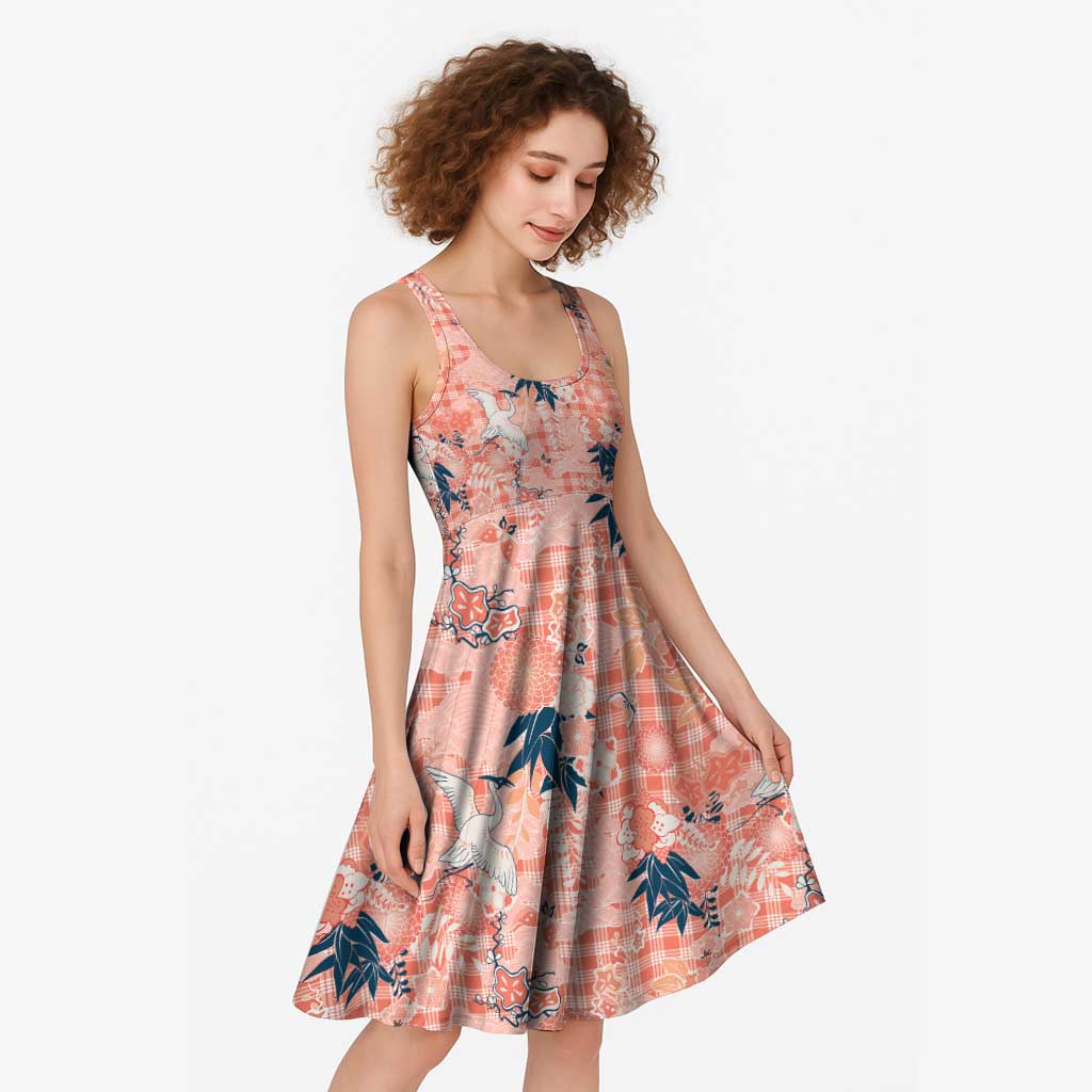 Red Palaka Crane and Flowers Midi Dress Japan Heritage Spirit - Polynesian Pride