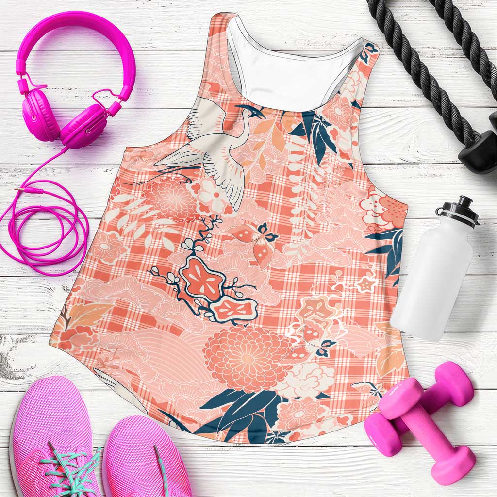 Red Palaka Crane and Flowers Women Racerback Tank Japan Heritage Spirit LT9 Red - Polynesian Pride