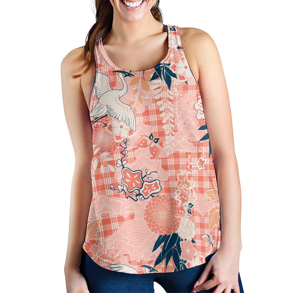Red Palaka Crane and Flowers Women Racerback Tank Japan Heritage Spirit LT9 - Polynesian Pride