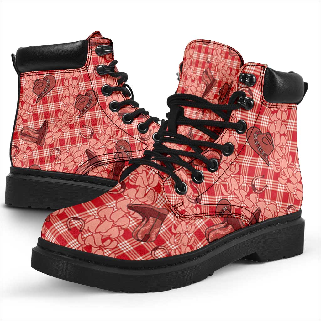 Red Palaka Hawaii Cowboy All Season Boots Puakenikeni Lei Paniolo Papale Seamless Vibes LT14 - Polynesian Pride