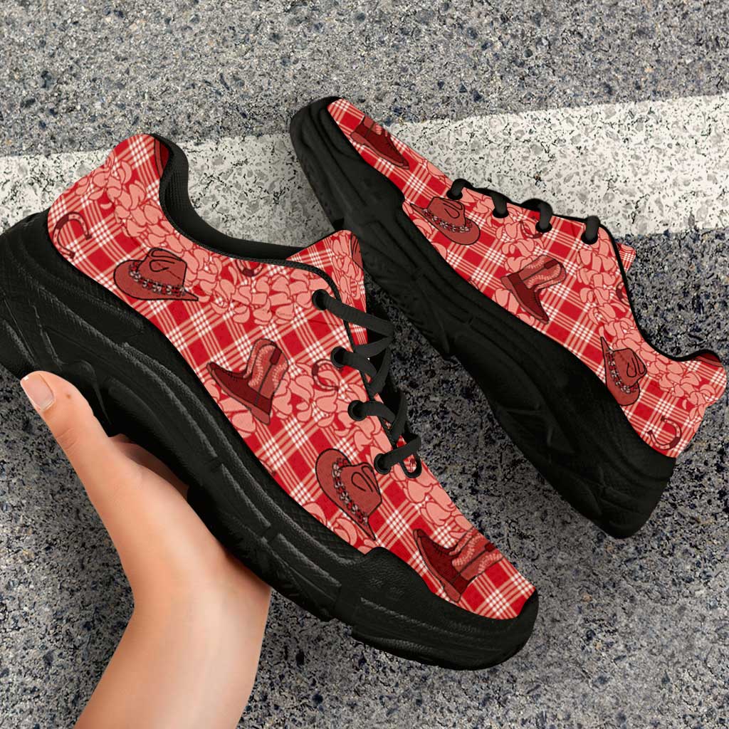 Red Palaka Hawaii Cowboy Chunky Sneakers Puakenikeni Lei Paniolo Papale Seamless Vibes LT14 - Polynesian Pride