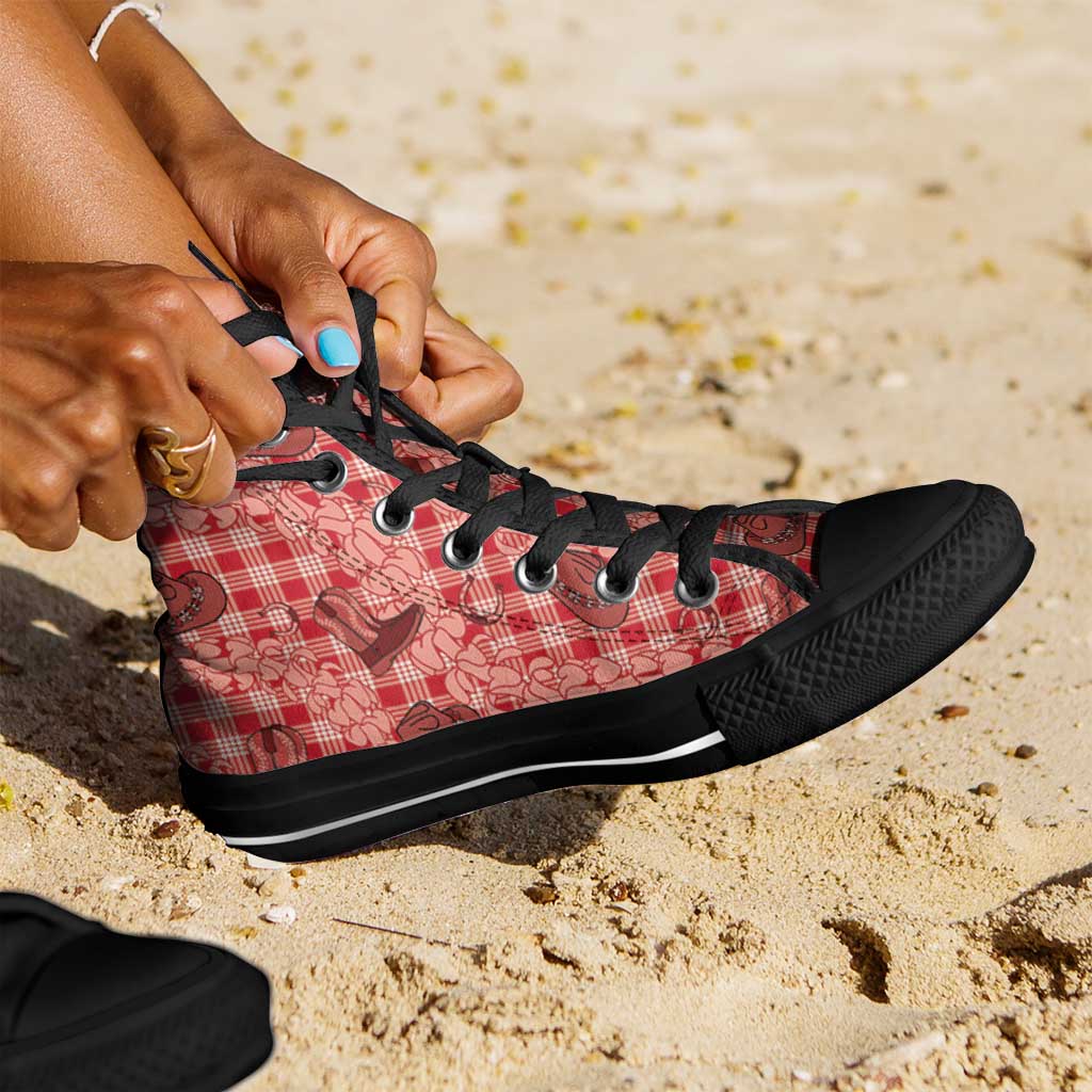 Red Palaka Hawaii Cowboy High Top Shoes Puakenikeni Lei Paniolo Papale Seamless Vibes LT14 - Polynesian Pride
