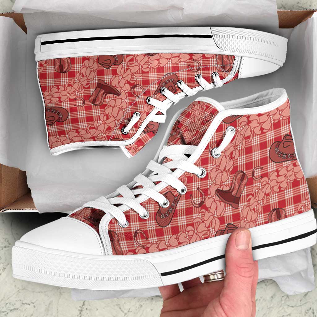 Red Palaka Hawaii Cowboy High Top Shoes Puakenikeni Lei Paniolo Papale Seamless Vibes LT14 Red - Polynesian Pride