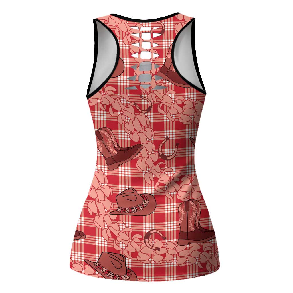 Red Palaka Hawaii Cowboy Hollow Tank Top Puakenikeni Lei Paniolo Papale Seamless Vibes LT14 - Polynesian Pride