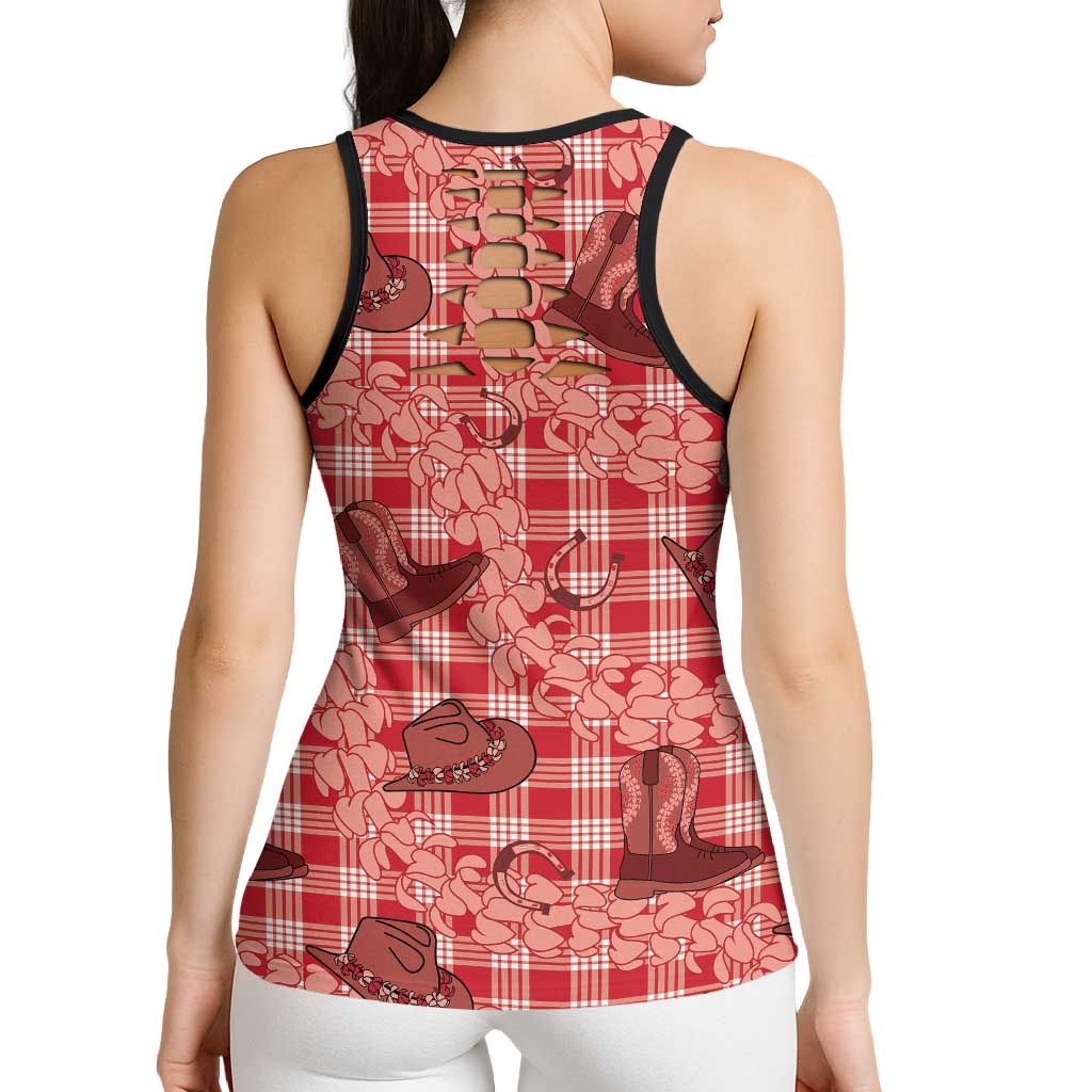 Red Palaka Hawaii Cowboy Hollow Tank Top Puakenikeni Lei Paniolo Papale Seamless Vibes LT14 - Polynesian Pride