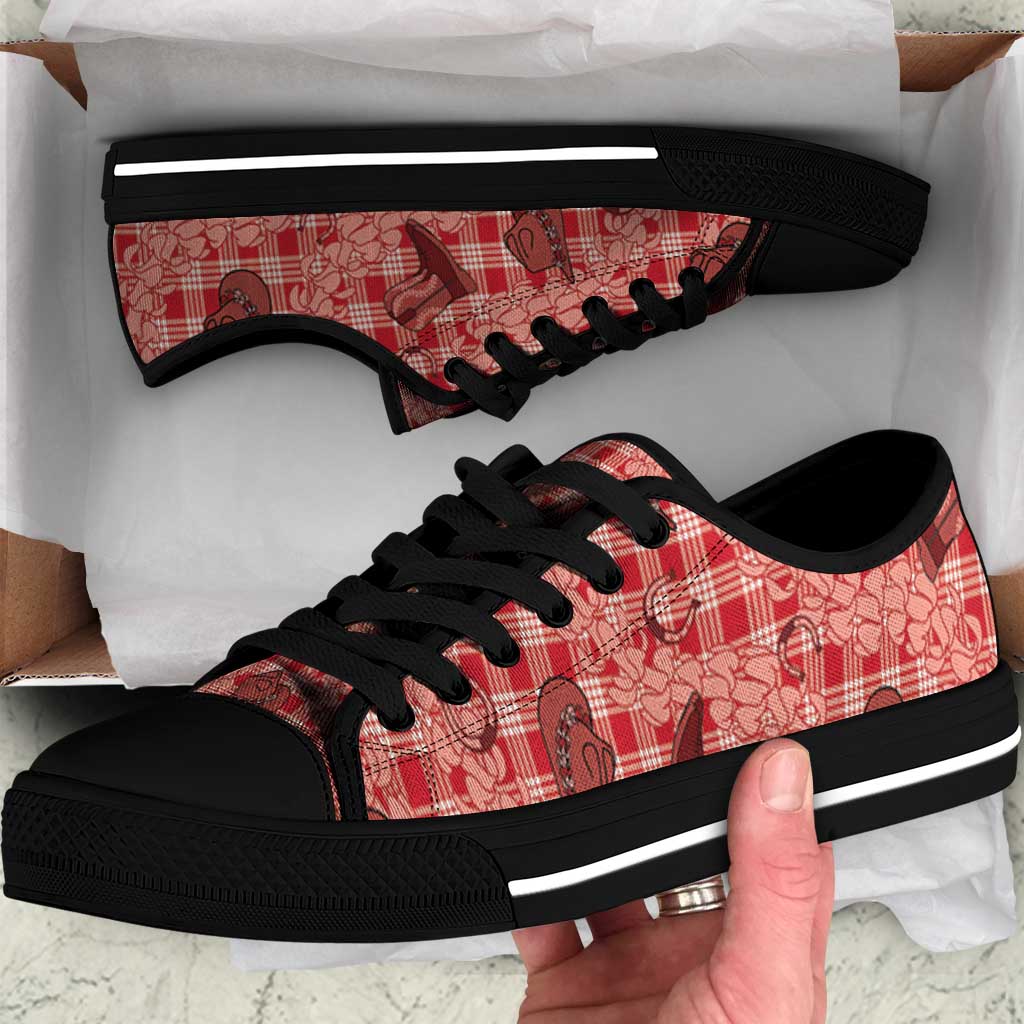 Red Palaka Hawaii Cowboy Low Top Shoes Puakenikeni Lei Paniolo Papale Seamless Vibes LT14 Red - Polynesian Pride