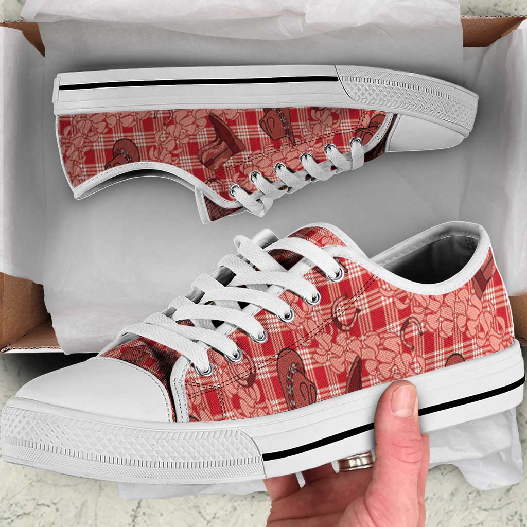 Red Palaka Hawaii Cowboy Low Top Shoes Puakenikeni Lei Paniolo Papale Seamless Vibes LT14 Red - Polynesian Pride