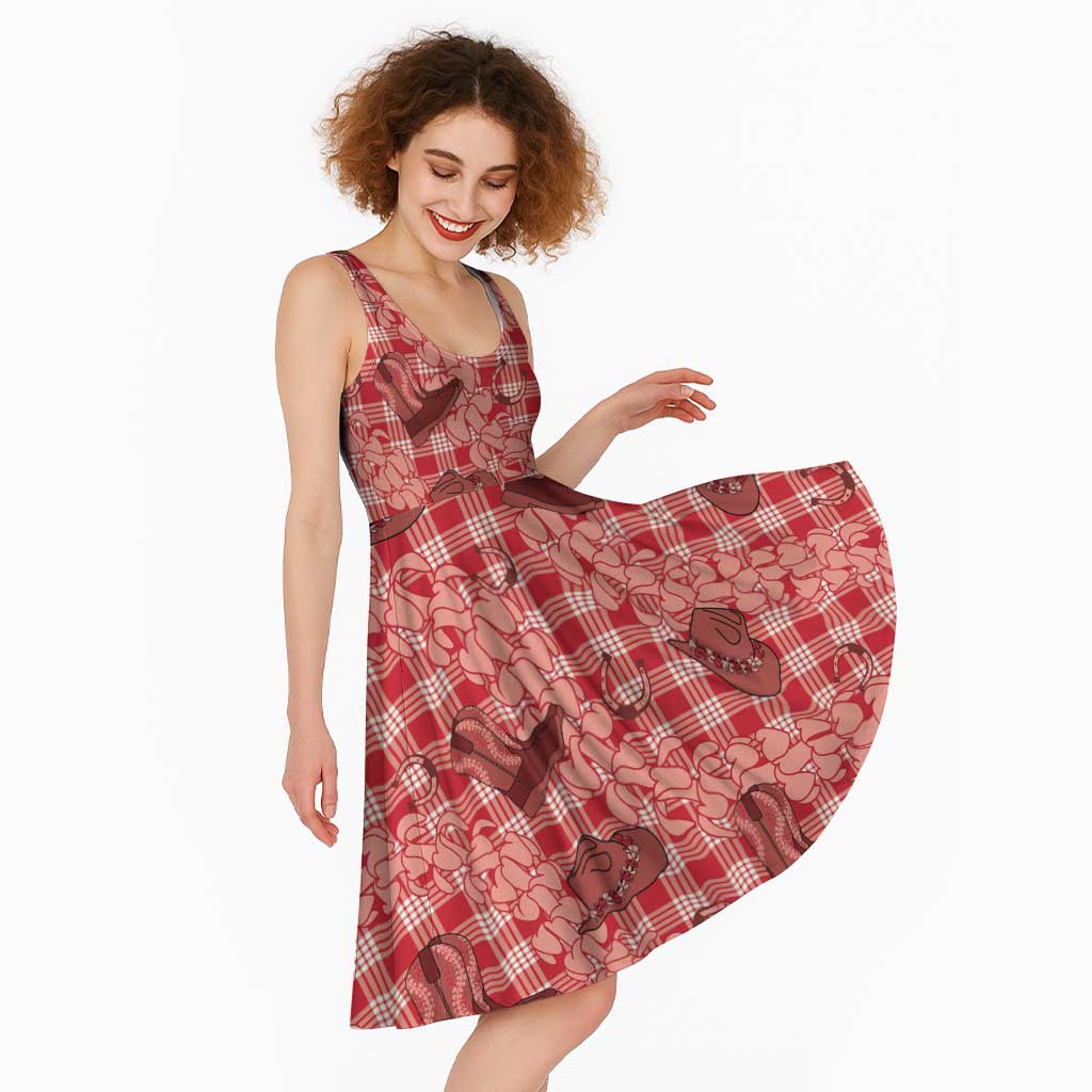 Red Palaka Hawaii Cowboy Midi Dress Puakenikeni Lei Paniolo Papale Seamless Vibes LT14 - Polynesian Pride
