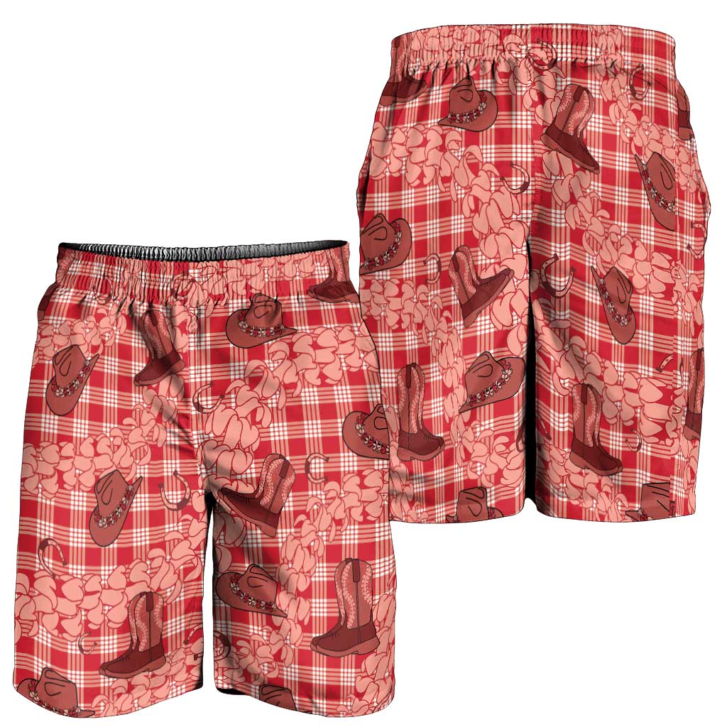 Red Palaka Hawaii Cowboy Shorts for Men Puakenikeni Lei Paniolo Papale Seamless Vibes LT14 - Polynesian Pride
