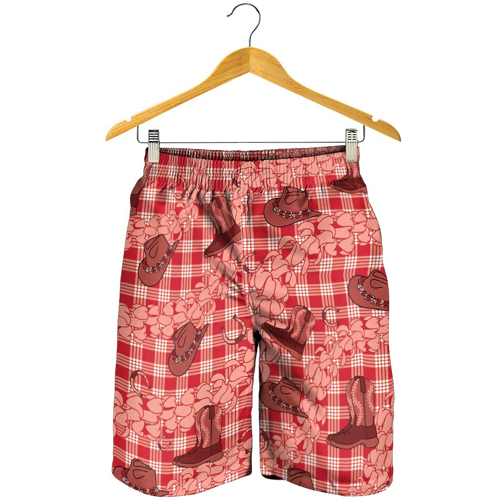 Red Palaka Hawaii Cowboy Shorts for Men Puakenikeni Lei Paniolo Papale Seamless Vibes LT14 - Polynesian Pride