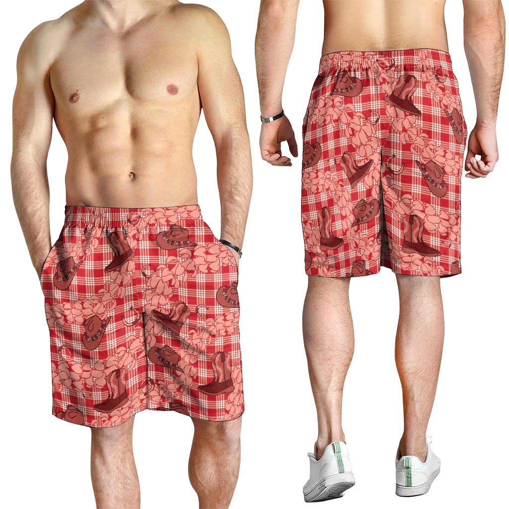 Red Palaka Hawaii Cowboy Shorts for Men Puakenikeni Lei Paniolo Papale Seamless Vibes LT14 - Polynesian Pride