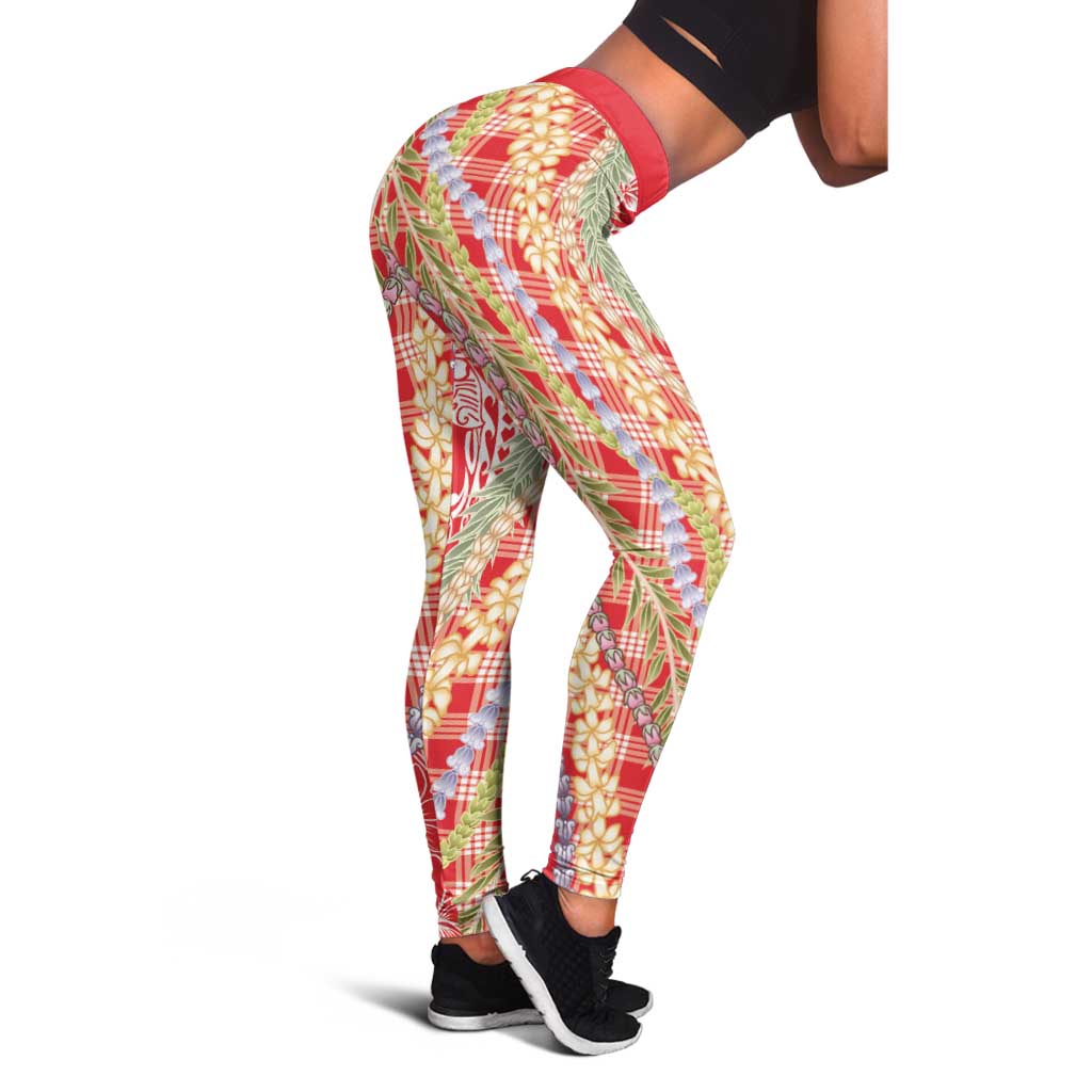 Red Palaka Hawaii Leis Leggings Hawaiian-plaid Elegant Tropical Vibes - Polynesian Pride