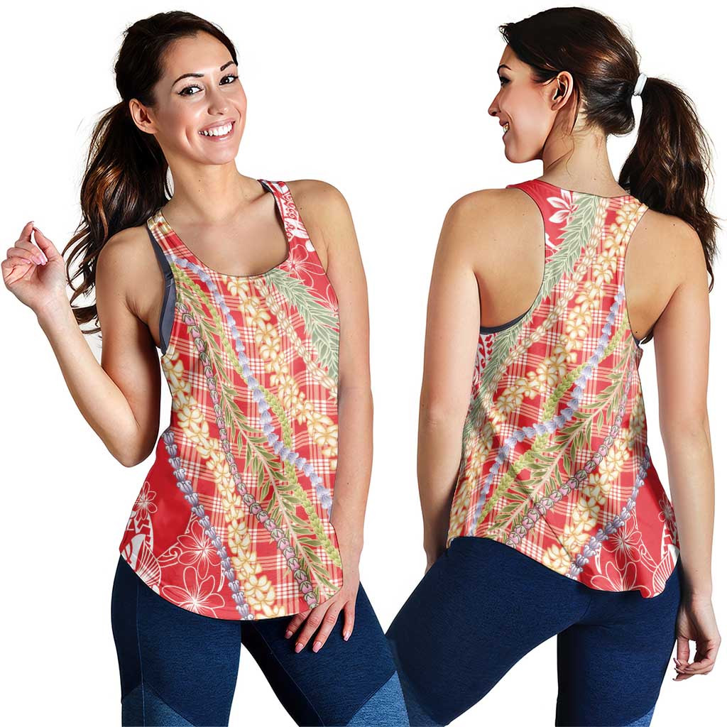 Red Palaka Hawaii Leis Women Racerback Tank Hawaiian-plaid Elegant Tropical Vibes - Polynesian Pride