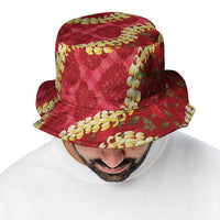Red Palaka Hawaii Mele Kalikimaka Bucket Hat Ohia Lehua Monstera Puakenikeni Lei LT14 - Polynesian Pride