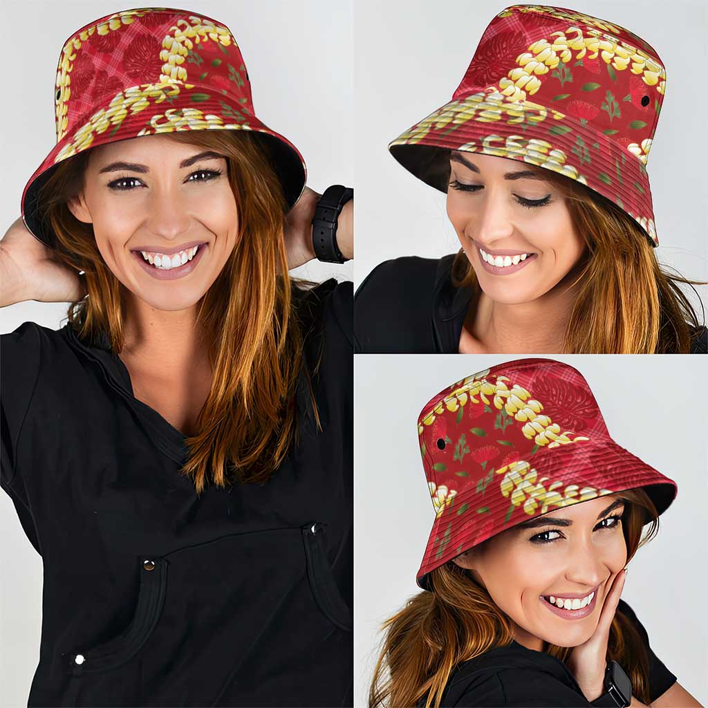 Red Palaka Hawaii Mele Kalikimaka Bucket Hat Ohia Lehua Monstera Puakenikeni Lei LT14 - Polynesian Pride