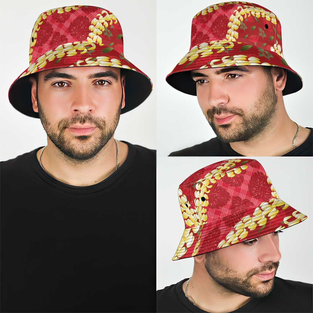 Red Palaka Hawaii Mele Kalikimaka Bucket Hat Ohia Lehua Monstera Puakenikeni Lei LT14 - Polynesian Pride