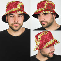 Red Palaka Hawaii Mele Kalikimaka Bucket Hat Ohia Lehua Monstera Puakenikeni Lei LT14 - Polynesian Pride
