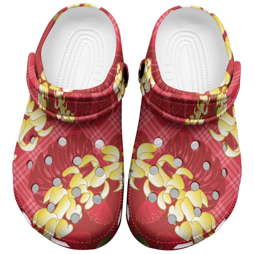 Red Palaka Hawaii Mele Kalikimaka Clogs Shoes Ohia Lehua Monstera Puakenikeni Lei LT14 Red - Polynesian Pride