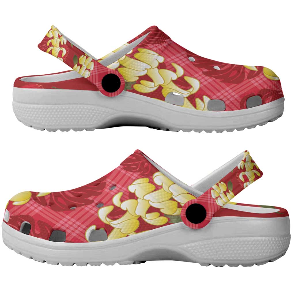 Red Palaka Hawaii Mele Kalikimaka Clogs Shoes Ohia Lehua Monstera Puakenikeni Lei LT14 - Polynesian Pride