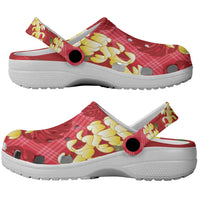 Red Palaka Hawaii Mele Kalikimaka Clogs Shoes Ohia Lehua Monstera Puakenikeni Lei LT14 - Polynesian Pride