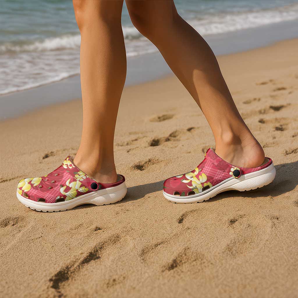 Red Palaka Hawaii Mele Kalikimaka Clogs Shoes Ohia Lehua Monstera Puakenikeni Lei LT14 - Polynesian Pride