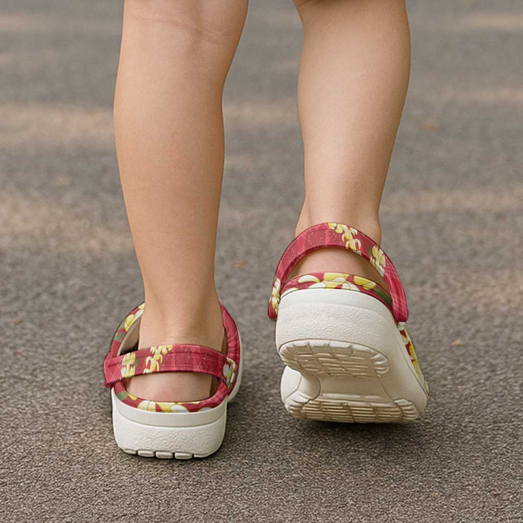 Red Palaka Hawaii Mele Kalikimaka Clogs Shoes Ohia Lehua Monstera Puakenikeni Lei LT14 - Polynesian Pride