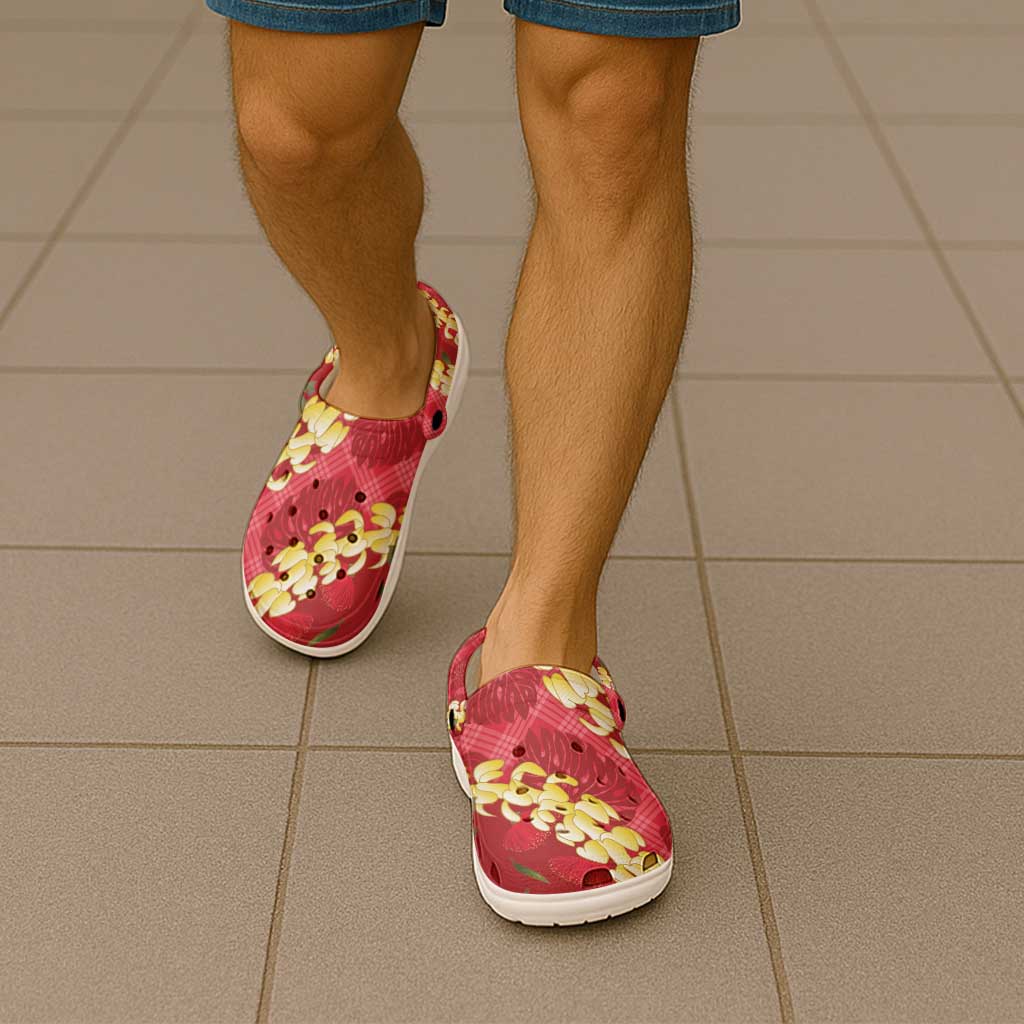 Red Palaka Hawaii Mele Kalikimaka Clogs Shoes Ohia Lehua Monstera Puakenikeni Lei LT14 - Polynesian Pride