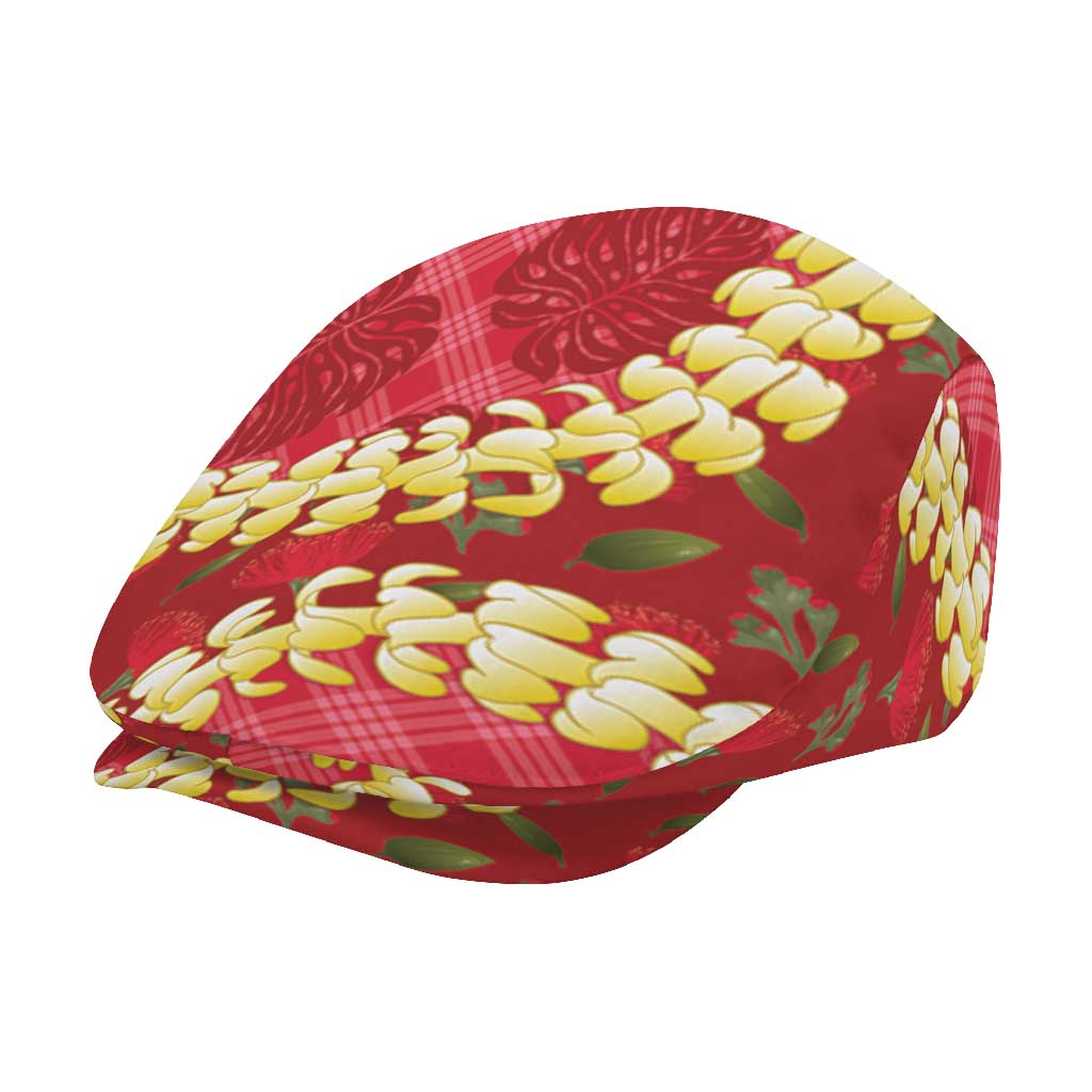 Red Palaka Hawaii Mele Kalikimaka Jeff Hat Ohia Lehua Monstera Puakenikeni Lei LT14 - Polynesian Pride