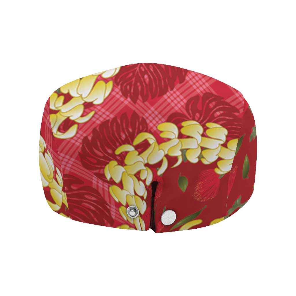 Red Palaka Hawaii Mele Kalikimaka Jeff Hat Ohia Lehua Monstera Puakenikeni Lei LT14 - Polynesian Pride
