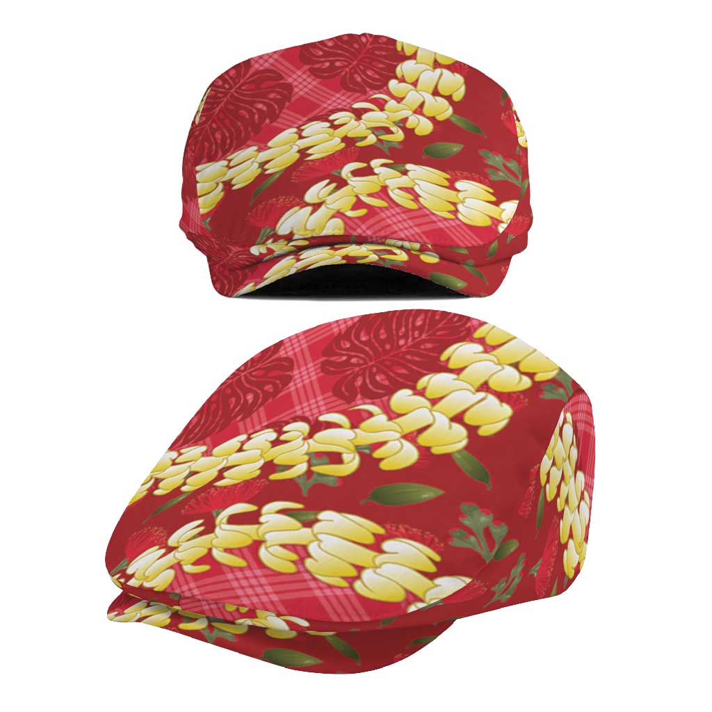 Red Palaka Hawaii Mele Kalikimaka Jeff Hat Ohia Lehua Monstera Puakenikeni Lei LT14 - Polynesian Pride