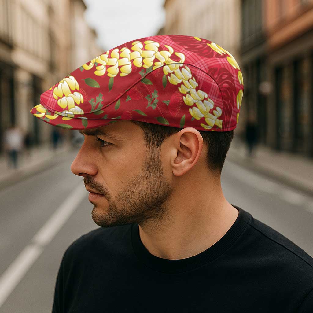 Red Palaka Hawaii Mele Kalikimaka Jeff Hat Ohia Lehua Monstera Puakenikeni Lei LT14 - Polynesian Pride