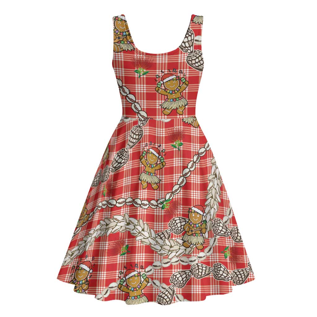 Red Palaka Hawaii Mele Kalikimaka Midi Dress Ohia Lehua Shell Leis Funny Gingerbread Santa LT14 - Polynesian Pride