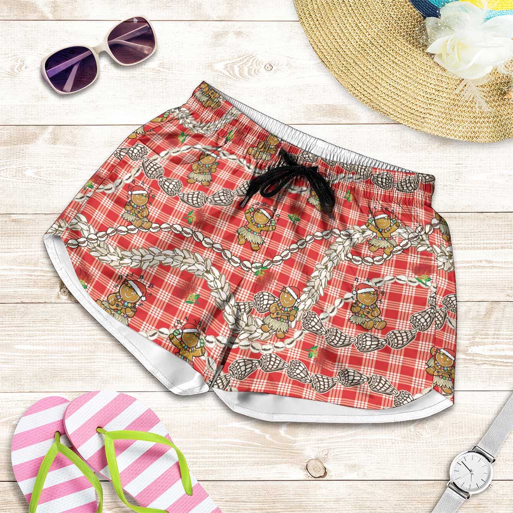 Red Palaka Hawaii Mele Kalikimaka Shorts for Women Ohia Lehua Shell Leis Funny Gingerbread Santa LT14 Red - Polynesian Pride