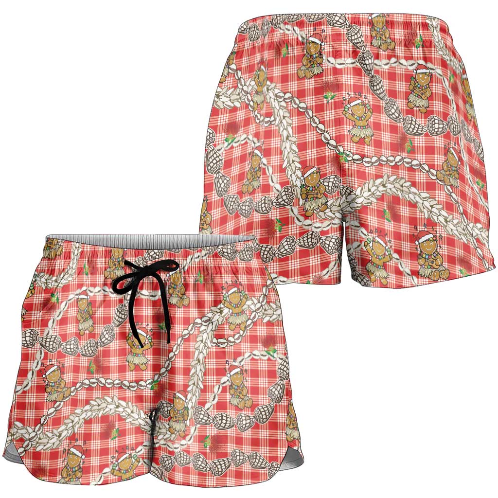 Red Palaka Hawaii Mele Kalikimaka Shorts for Women Ohia Lehua Shell Leis Funny Gingerbread Santa LT14 - Polynesian Pride