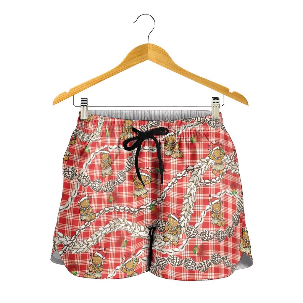 Red Palaka Hawaii Mele Kalikimaka Shorts for Women Ohia Lehua Shell Leis Funny Gingerbread Santa LT14 - Polynesian Pride