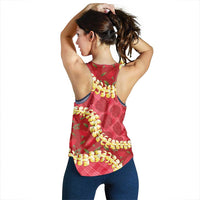 Red Palaka Hawaii Mele Kalikimaka Women Racerback Tank Ohia Lehua Monstera Puakenikeni Lei LT14 - Polynesian Pride