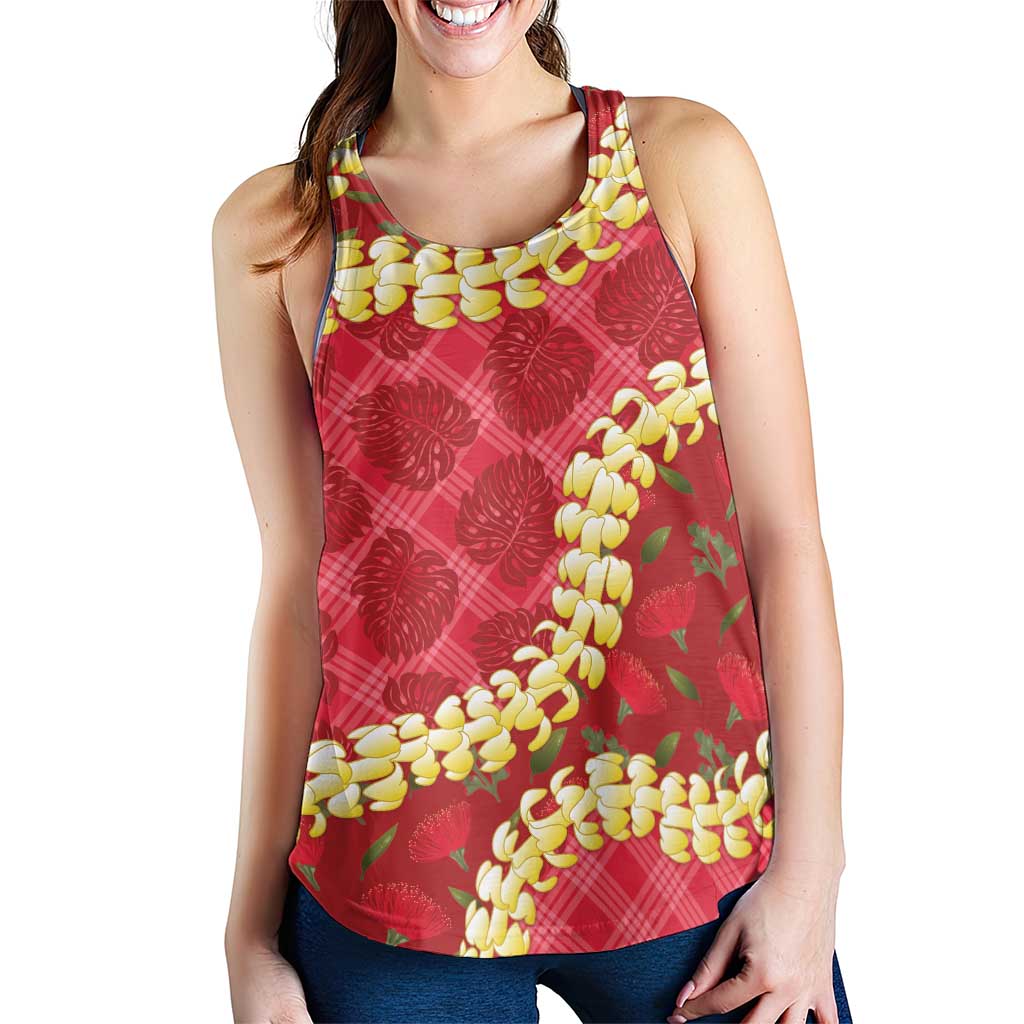 Red Palaka Hawaii Mele Kalikimaka Women Racerback Tank Ohia Lehua Monstera Puakenikeni Lei LT14 - Polynesian Pride