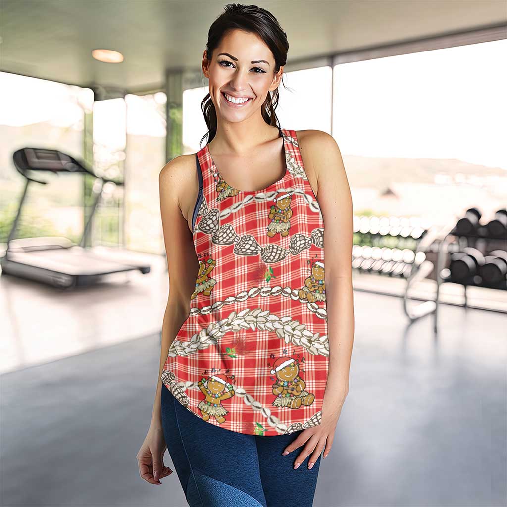 Red Palaka Hawaii Mele Kalikimaka Women Racerback Tank Ohia Lehua Shell Leis Funny Gingerbread Santa LT14 - Polynesian Pride
