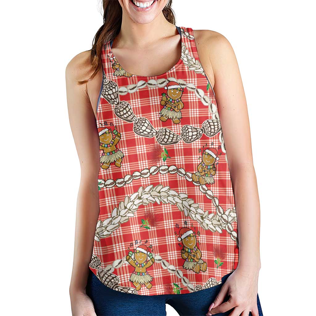 Red Palaka Hawaii Mele Kalikimaka Women Racerback Tank Ohia Lehua Shell Leis Funny Gingerbread Santa LT14 - Polynesian Pride