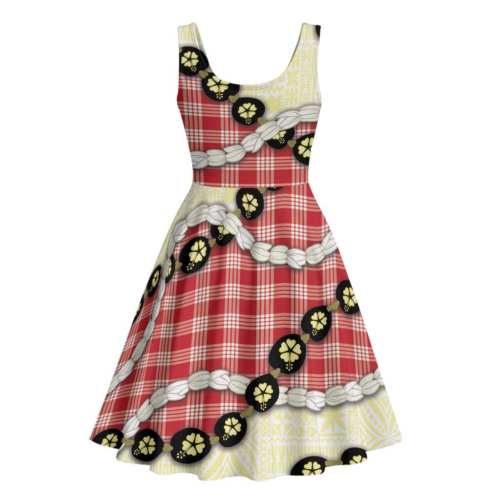 Red Palaka Hawaii Midi Dress Kukui Nut Pikake Lei Hawaiian Tapa Pattern LT14 - Polynesian Pride
