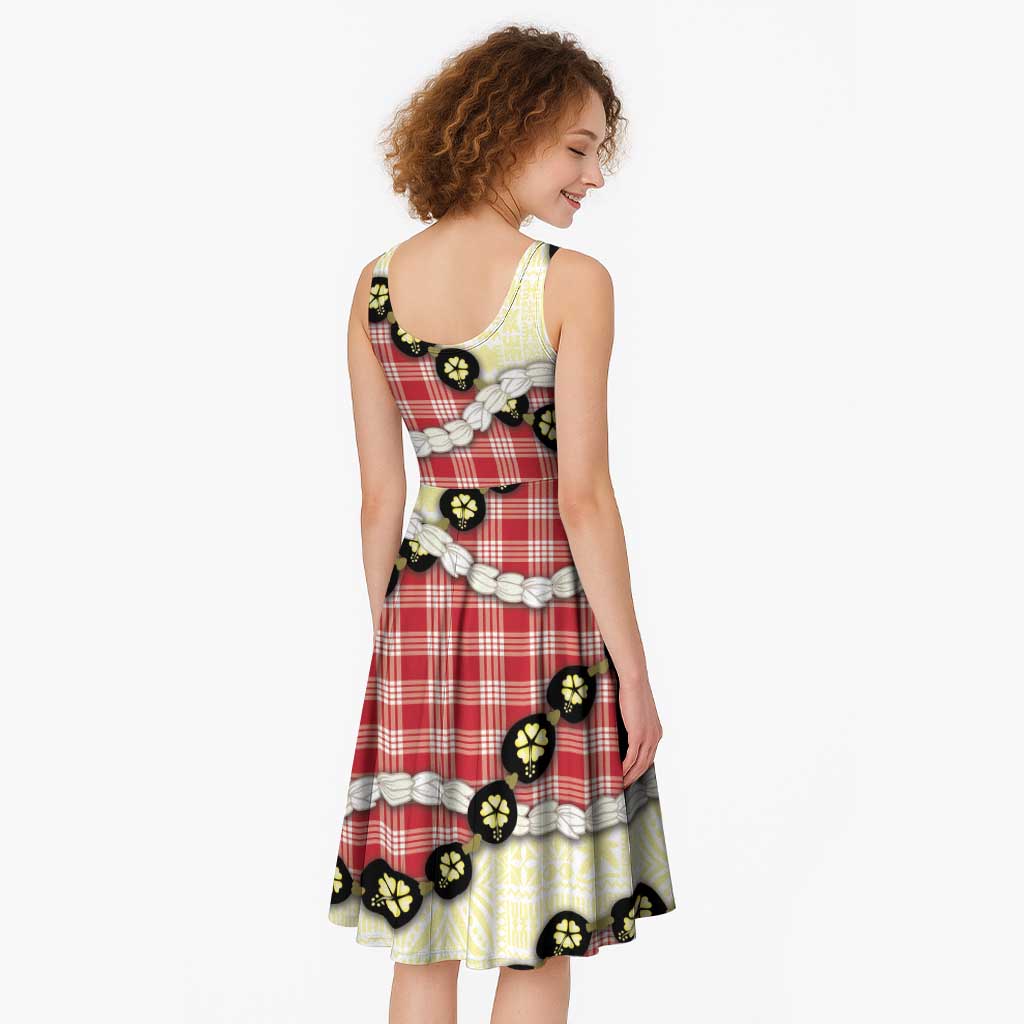Red Palaka Hawaii Midi Dress Kukui Nut Pikake Lei Hawaiian Tapa Pattern LT14 - Polynesian Pride