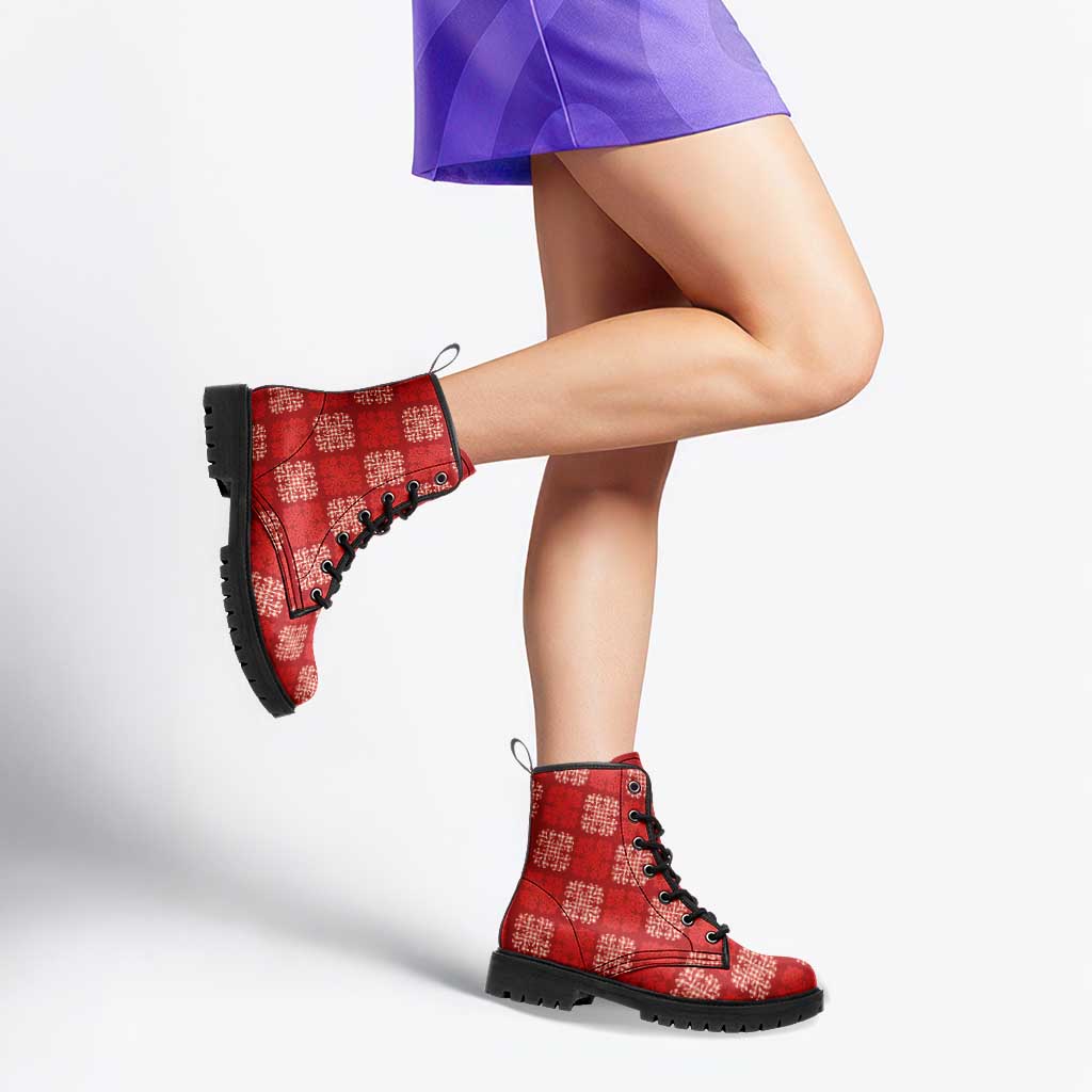 Red Palaka Quilt Hawaii Leather Boots Traditional Hawaii-plaid Pattern - Polynesian Pride