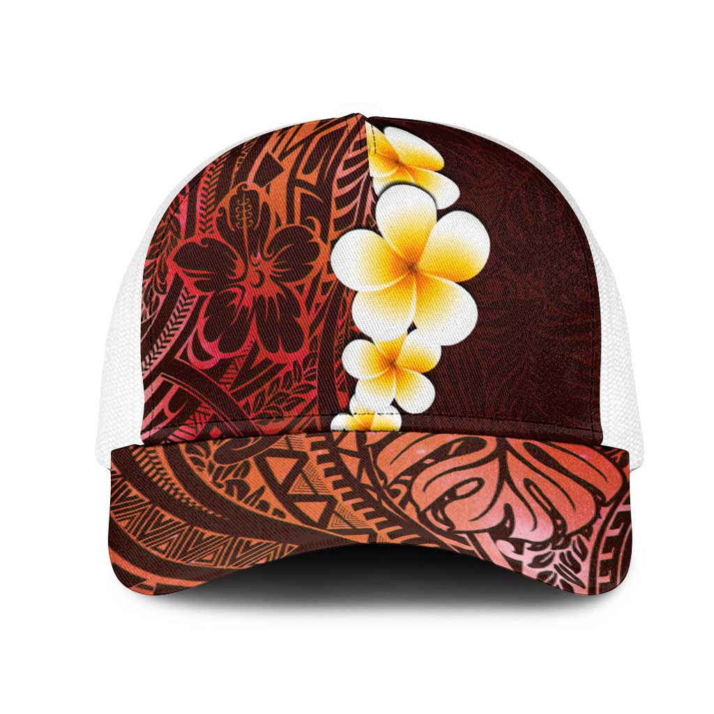 Red Polynesia Mesh Trucker Cap Plumeria Tropical Leaves With Galaxy Polynesian Art LT14 One Size White Red - Polynesian Pride