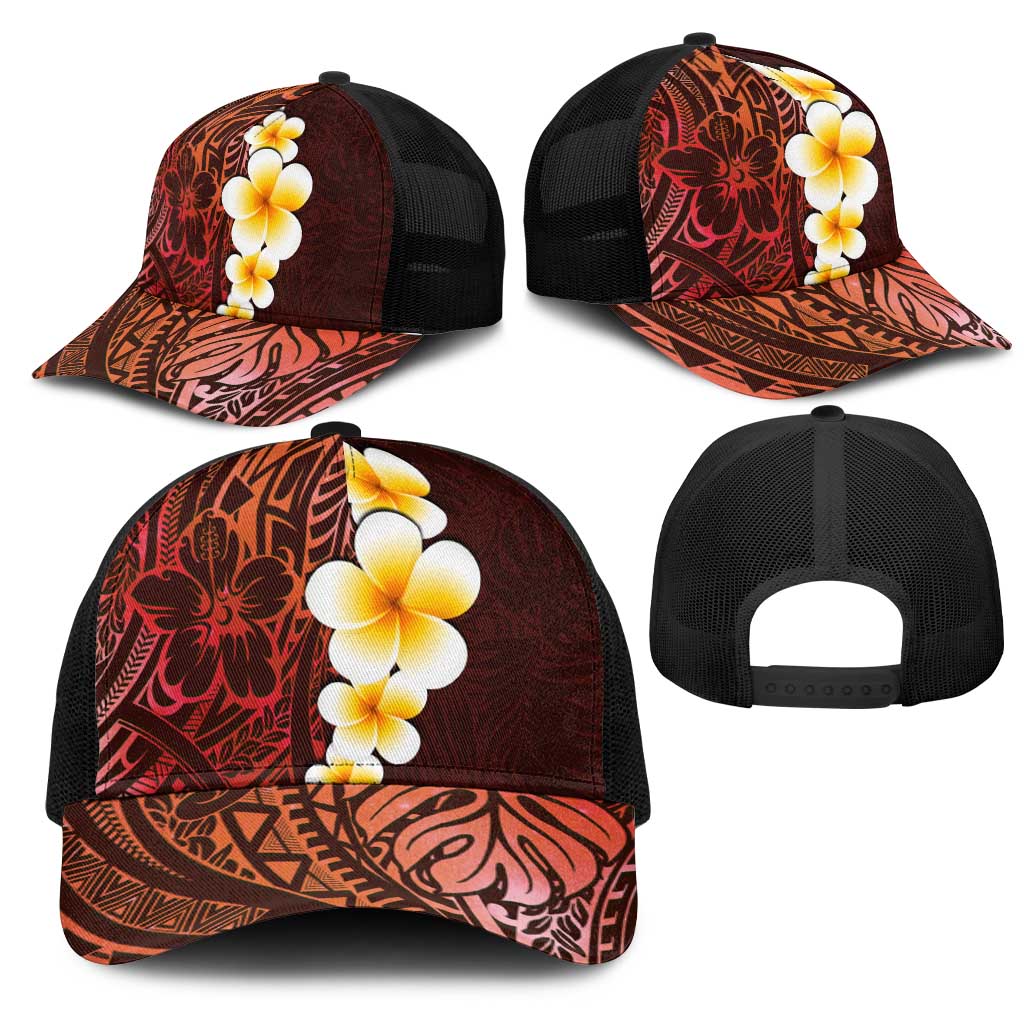 Red Polynesia Mesh Trucker Cap Plumeria Tropical Leaves With Galaxy Polynesian Art LT14 - Polynesian Pride